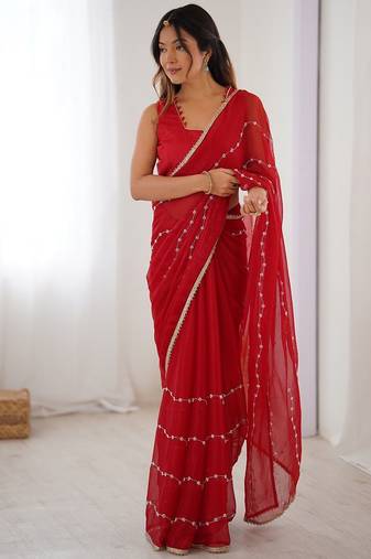 Red embellished beads and stones saree