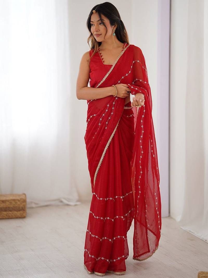 Red embellished beads and stones saree