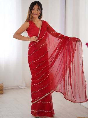 Red embellished beads and stones saree 2