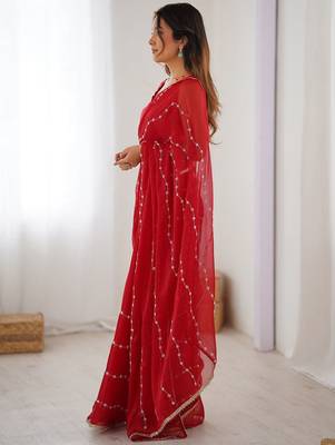 Red embellished beads and stones saree 3