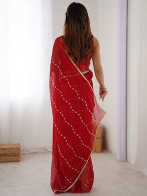 Red embellished beads and stones saree 4