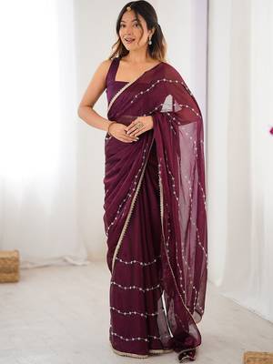 Purple striped beads and stones saree 1