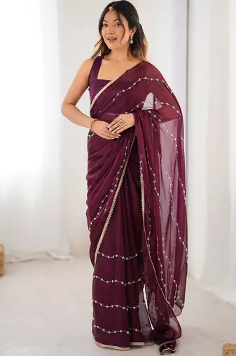 Purple striped beads and stones saree