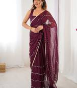 Purple striped beads and stones saree