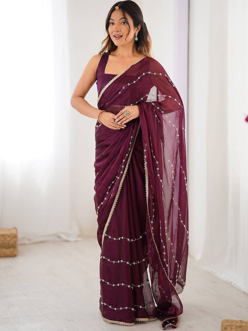 Purple striped beads and stones saree