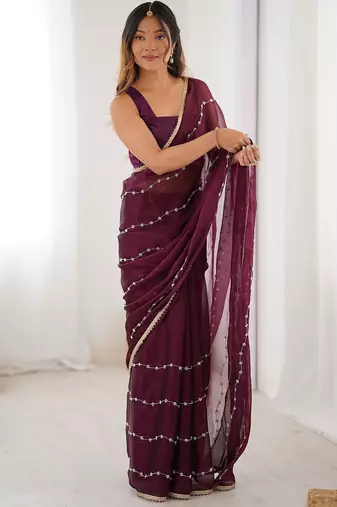 Purple striped beads and stones saree