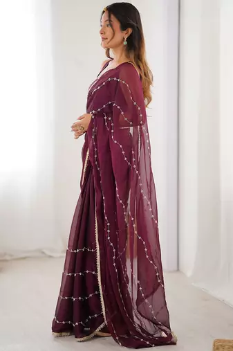 Purple striped beads and stones saree