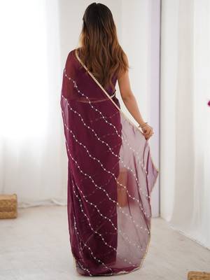 Purple striped beads and stones saree 4