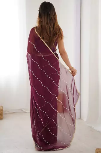 Purple striped beads and stones saree