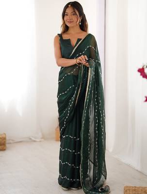 Green striped beads and stones saree 1