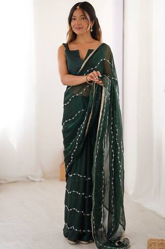 Green striped beads and stones saree