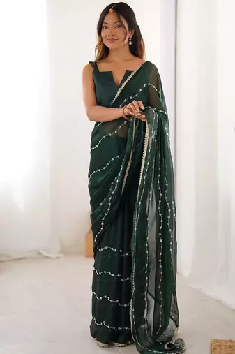 Green striped beads and stones saree
