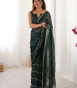 Green striped beads and stones saree