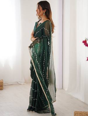 Green striped beads and stones saree 2