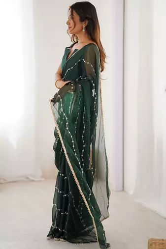Green striped beads and stones saree