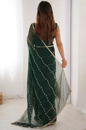 Green striped beads and stones saree