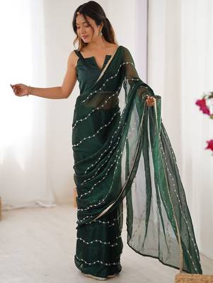 Green striped beads and stones saree 4