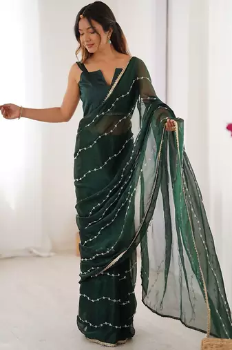 Green striped beads and stones saree