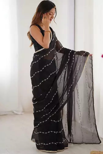 Black embellished beads and stones saree