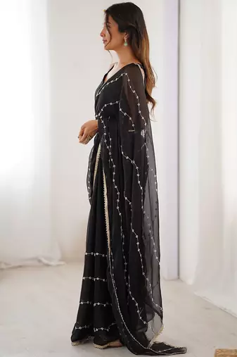 Black embellished beads and stones saree