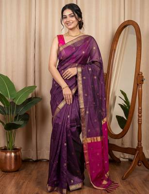 Purple woven design zari silk cotton maheshwari saree 1
