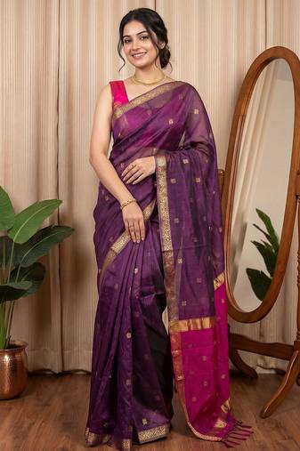 Purple woven design zari silk cotton maheshwari saree