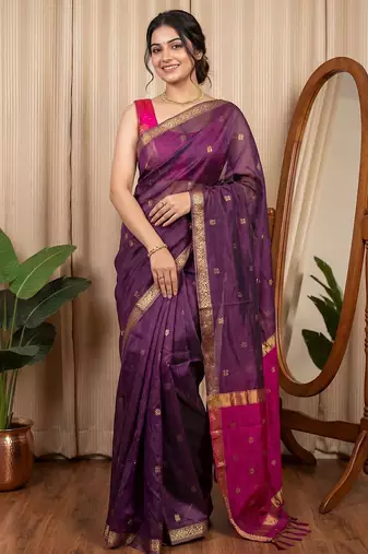 Purple woven design zari silk cotton maheshwari saree