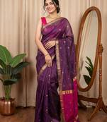 Purple woven design zari silk cotton maheshwari saree
