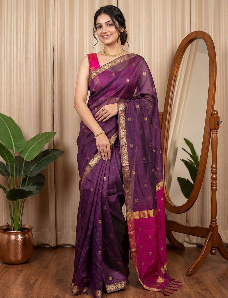 Purple woven design zari silk cotton maheshwari saree