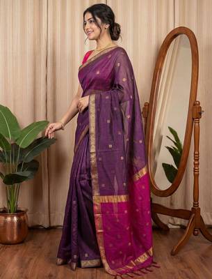 Purple woven design zari silk cotton maheshwari saree 2