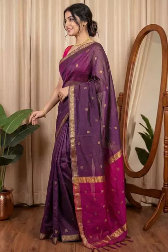 Purple woven design zari silk cotton maheshwari saree