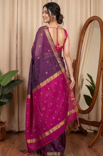 Purple woven design zari silk cotton maheshwari saree