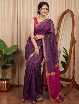 Purple woven design zari silk cotton maheshwari saree 4