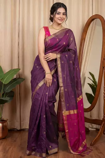 Purple woven design zari silk cotton maheshwari saree