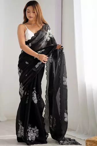 Black floral embellished sequinned saree with blouse