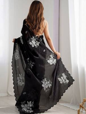 Black floral embellished sequinned saree with blouse 2