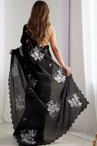 Black floral embellished sequinned saree with blouse