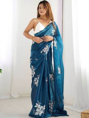 Blue women floral embellished sequinned pure chiffon saree 1