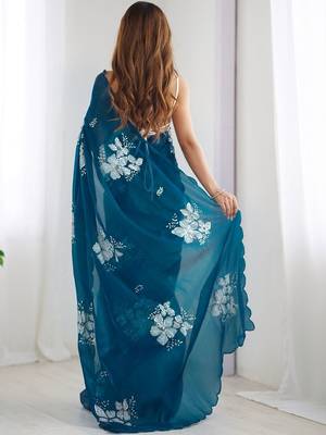 Blue women floral embellished sequinned pure chiffon saree 3