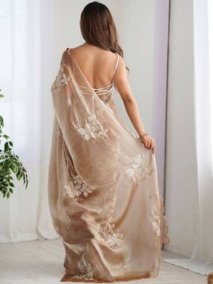 Beige floral embroidered pure chiffon handloom saree 3