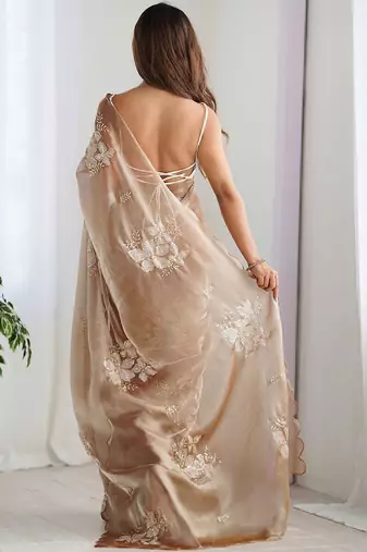 Beige floral embroidered pure chiffon handloom saree