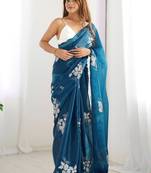 Teal floral sequinned pure chiffon saree with blouse