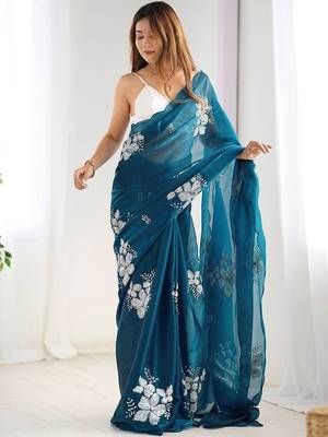 Teal floral sequinned pure chiffon saree with blouse 3