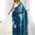 Teal floral sequinned pure chiffon saree with blouse