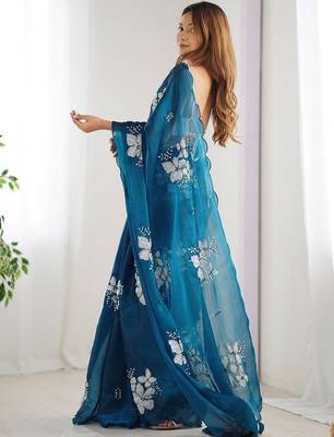Teal floral sequinned pure chiffon saree with blouse 4