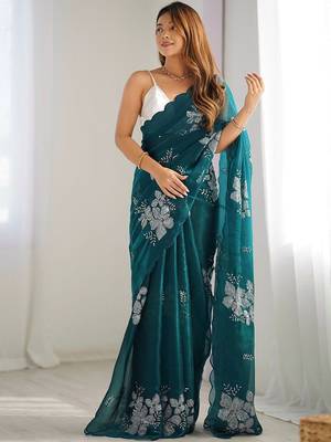 Teal floral embroidered sequinned pure chiffon saree 1