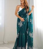 Teal floral embroidered sequinned pure chiffon saree