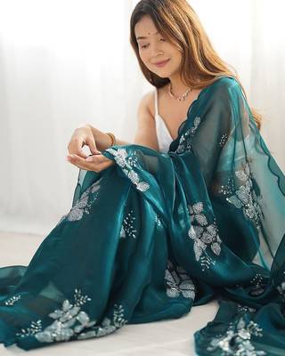 Teal floral embroidered sequinned pure chiffon saree 3