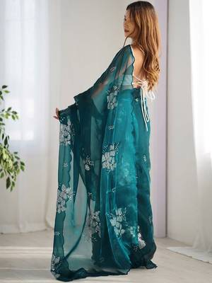 Teal floral embroidered sequinned pure chiffon saree 4