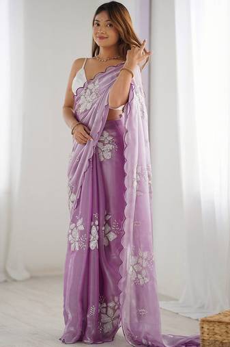 Purple floral sequinned pure chiffon heavy work saree